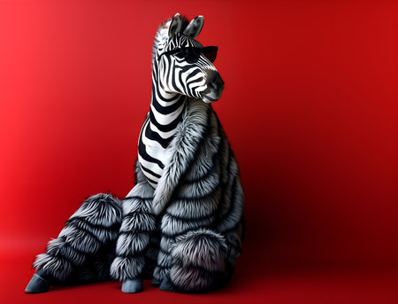 Creative animal concept. Zebra in luxury wealthy fancy chic luxurious impeccable fur feather fabric outfits isolated on bright background advertisement, copy text spaceの素材
