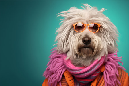 Creative animal concept. Komondor dog puppy in glam fashionable couture high end outfits isolated on bright background advertisement, copy space. birthday party invite invitation bの素材