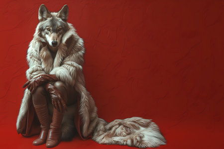 Creative animal concept. Wolf in luxury wealthy fancy chic luxurious impeccable fur feather fabric outfits isolated on bright background advertisement, copy text spaceの素材