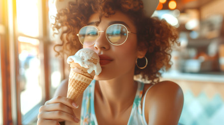 Radiant curly hair woman enjoying ice cream in cozy ice cream cafe, spring summer in vintage soft surrounding setting. Natural lighting.の素材