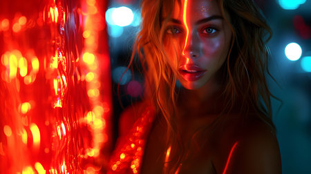 Fashion Surreal Concept. Stunning tousled hair trendy girl among neon glow light dark alley wall reflection background. illuminated with dynamic composition and dramatic lighting.の素材