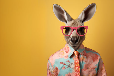 Creative animal concept. Kangaroo in glam fashionable couture high end outfits isolated on bright background advertisement, copy space. birthday party invite invitation bannerの素材