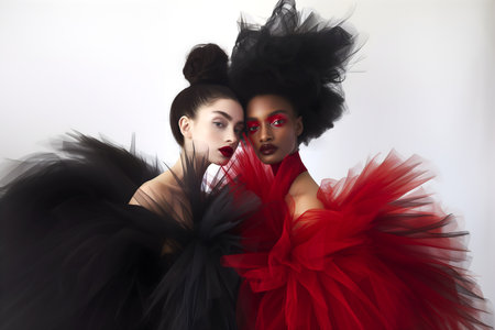 Fashion editorial Concept. Interracial friends of high fashion couture in black red tulle frills contrast white background. illuminated dynamic composition dramatic lightingの素材