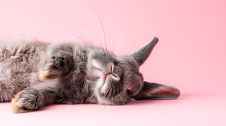 Creative Easter concept. Shaggy messy fluffy fur sleepy lazy rabbit lying on his side sleeping on pink background. Template for product presentation. copy text spaceの写真素材