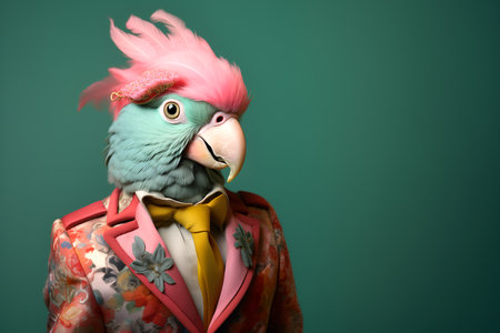 Creative animal concept. Parrot bird in glam fashionable couture high end outfits isolated on bright background advertisement, copy space. birthday party invite invitation bannerの素材