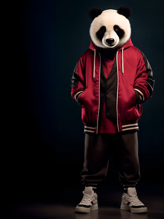 Creative animal concept. Panda Bear full body in hip hop stylish fashion isolated on dark background, commercial, editorial advertisement, surreal, copy text spaceの素材