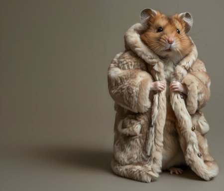 Creative animal concept. Hamster in luxury wealthy fancy chic luxurious impeccable fur feather fabric outfits isolated on bright background advertisement, copy text spaceの素材