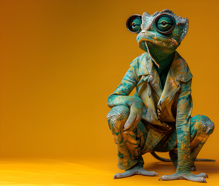 Creative animal concept. Chameleon reptile in luxury wealthy fancy chic luxurious impeccable leather skin fabric outfits isolated on bright background advertisement, copy text spacの素材