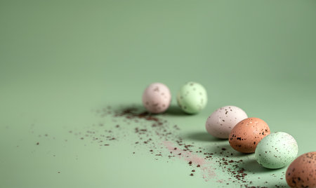 Creative Easter concept. Collection of handmade pastel splatter eggs with powder on soft green turquoise background. Template product presentation banner wallpaper. copy text spaceの写真素材