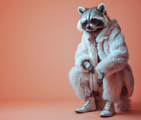Creative animal concept. Raccoon racoon in luxury wealthy fancy chic luxurious impeccable fur feather fabric outfits isolated on bright background advertisement, copy text spaceの素材