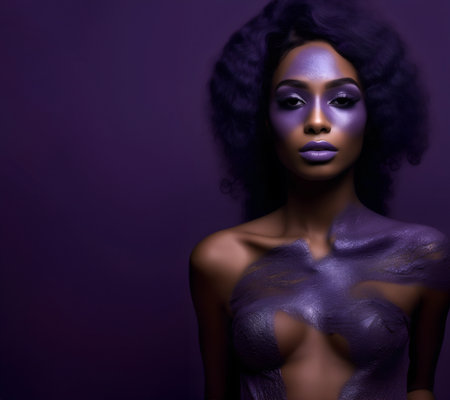 Fashion editorial Concept. Closeup portrait of stunning black pretty woman with afro hair, purple violet paint body makeup. illuminated dynamic composition and dramatic lighting. cの素材