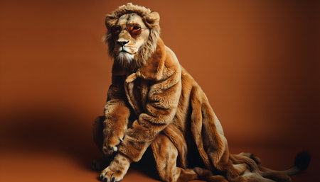 Creative animal concept. Lion in luxury wealthy fancy chic luxurious impeccable fur feather fabric outfits isolated on bright background advertisement, copy text spaceの素材