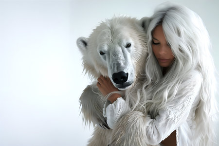 Fashion Surreal Concept. White tousled hair pretty woman in fur coat hugging a giant polar bear . illuminated dynamic composition and dramatic lighting. copy text spaceの素材