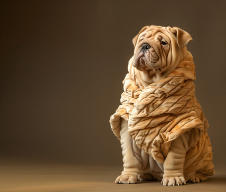 Creative animal concept. Shar Pei dog puppy in luxury wealthy fancy chic luxurious impeccable fur skin fabric outfits isolated on bright background advertisement, copy text spaceの素材