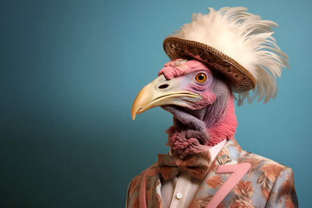 Creative animal concept. Turkey bird in glam fashionable couture high end outfits isolated on bright background advertisement, copy space. birthday party invite invitation bannerの素材