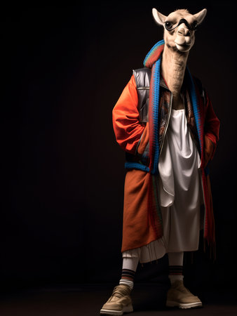 Creative animal concept. Camel full body in hip hop stylish fashion isolated on dark background, commercial, editorial advertisement, surreal, copy text spaceの素材