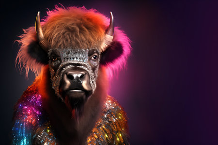 Creative animal concept. Bison in disco neon glitter glam shiny glow sequin outfit, copy text space. commercial, editorial advertisement party invitation invite, surreal surrealismの素材