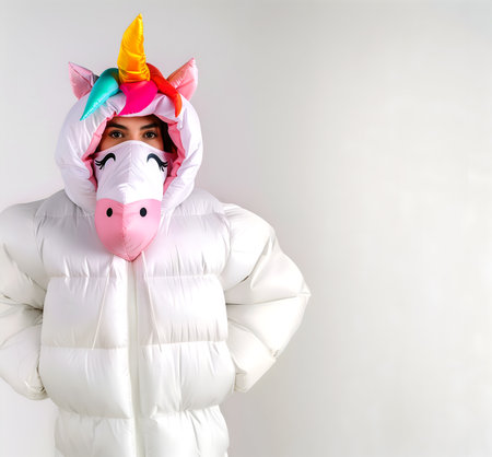Fashion editorial Concept. Woman wearing inflatable funny colourful white unicorn hoodie with matching puffy jacket. copy text spaceの素材