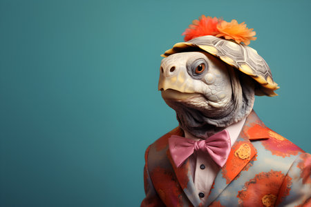 Creative animal concept. Turtle tortoise in glam fashionable couture high end outfits isolated on bright background advertisement, copy space. birthday party invite invitation bannの素材