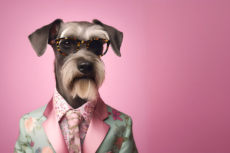 Creative animal concept. Schnauzer dog puppy serpent in glam fashionable couture high end outfits isolated on bright background advertisement, copy space. birthday party invite invの素材