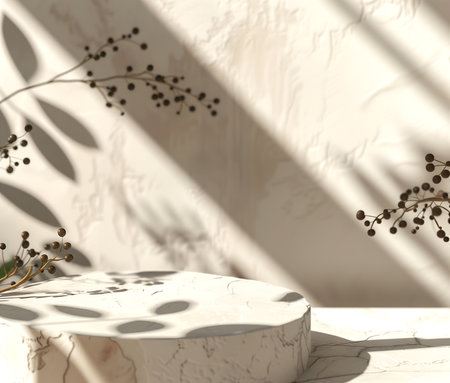 Creative minimal concept. Rock stone block podium with natural foliage plant shadow background and sunlight on beige background. Mock up template for product presentation. copy texの写真素材