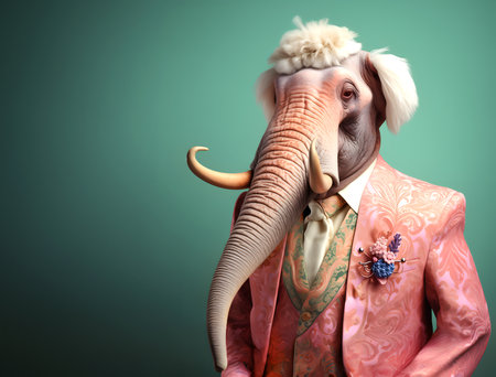 Creative animal concept. Mammoth in glam fashionable couture high end outfits isolated on bright background advertisement, copy space. birthday party invite invitation bannerの素材