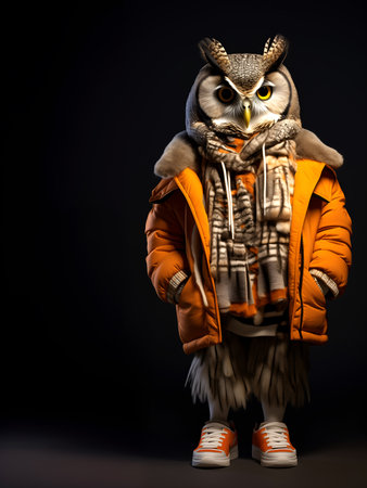 Creative animal concept. Owl bird full body in hip hop stylish fashion isolated on dark background, commercial, editorial advertisement, surreal, copy text spaceの素材