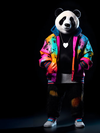 Creative animal concept. Panda Bear full body in hip hop stylish fashion isolated on dark background, commercial, editorial advertisement, surreal, copy text spaceの素材