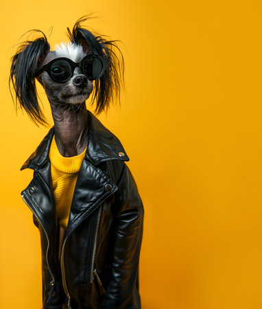 Creative animal concept. Chinese Crested dog puppy in luxury wealthy fancy chic luxurious impeccable leather fabric outfits isolated on bright background advertisement, copy text sの素材