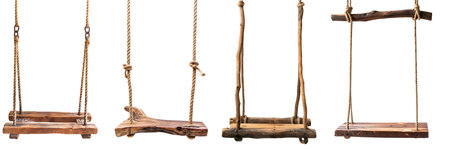 Wooden stump wood rope swing on white background cutout file. Front view Many assorted different Mockup template for artwork designの写真素材