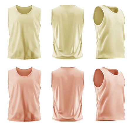 2 Set of men pastel light yellow orange, front back and side view sleeveless tee t shirt tank singlet vest round neck on white background cutout file. Mockup template for artwork dの写真素材