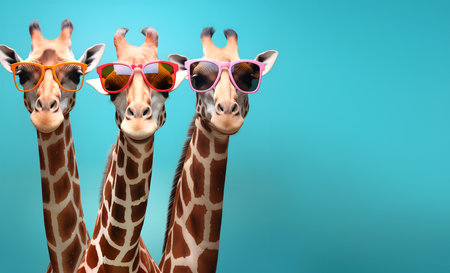 Creative animal concept. Group of giraffe friends in sunglass shade glasses isolated on solid pastel background, commercial, editorial advertisement, copy text spaceの素材