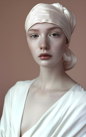 Fashion commercial advertisement. Pretty porcelain translucent glowy skin woman with silk headwrap and shirt on rose pink background for lotion makeup beauty skincare ad. copy textの素材