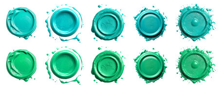 2 Collection set of turquoise blue green, wax seal stamp blob ink paint on white background cutout file. Many different design. Mockup template artwork graphicの素材