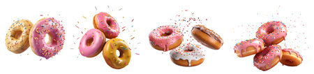 Collection of round donut doughnut, pink set, flying falling with sprinkles on white background cutout file. Many assorted different. Mockup template for artworkの素材
