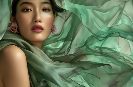 Fashion surreal Concept. Closeup portrait of stunning beautiful asian woman girl surround with green sensual flowing flying silk cloth. illuminated dynamic composition dramatic ligの素材