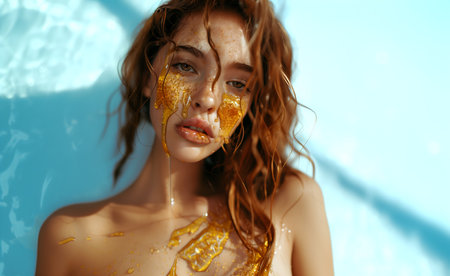 Fashion commercial Concept. Portrait of pretty woman with tousled hair, dewy skin fresh radiant shiny face with honey liquid dripping, for beauty makeup skincare ad. copy text spacの素材