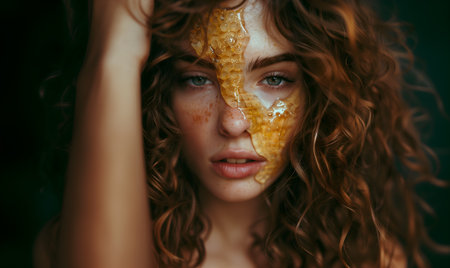 Fashion commercial Concept. Portrait of pretty woman with tousled hair, dewy skin fresh freckle radiant shiny face with honey liquid dripping, for beauty makeup skincare ad. copy tの素材