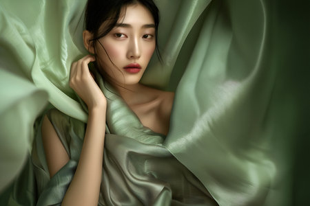 Fashion surreal Concept. Closeup portrait of stunning beautiful asian woman girl surround with green sensual flowing flying silk cloth. illuminated dynamic composition dramatic ligの素材