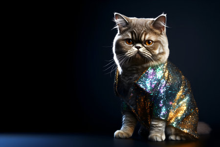 Creative animal concept. Exotic Shorthair cat kitten kitty  in disco neon glitter glam shiny glow sequin outfit, copy text space. commercial, editorial advertisement party invitatiの素材