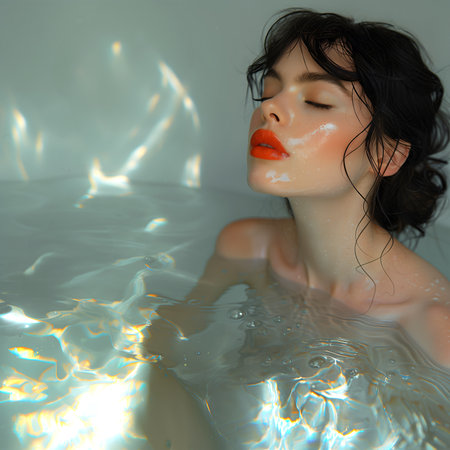 Fashion commercial Concept. Closeup portrait of stunning pretty woman with wet hair, dewy wet droplet skin fresh radiant shiny face, in a pool of water, for beauty makeup skincareの素材