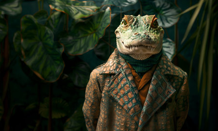 Creative animal concept. Crocodile alligator in luxury own reptile skin outfits isolated on natural forest habitat background. advertisement, copy text spaceの素材