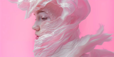 Fashion surreal Concept. Mannequin dummy Ethereal woman sculpture statue wrapped in flying flowing pastel pink silk cloth. copy text space.の素材