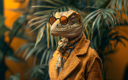 Creative animal concept. Dinosaur dino in luxury lush coat outfits isolated on natural floral wildlife foliage jungle forest nature habitat background. advertisement, copy text spaの素材