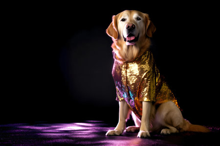 Creative animal concept. Golden Retriever dog puppy in disco neon glitter glam shiny glow sequin outfit, copy text space. commercial, editorial advertisement party invitation invitの素材