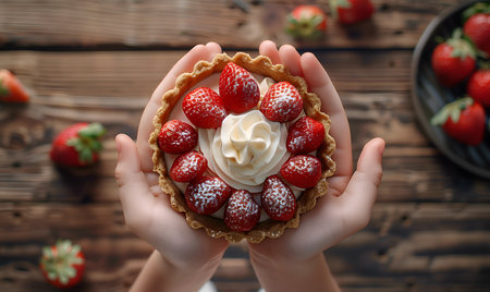 Creative food template. Child hand holding a round strawberry whipped cream curd fruit tart tartlet pastry dessert over rustic table background. copy text space.の写真素材