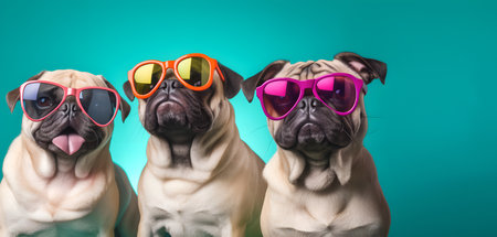 Creative animal concept. Group of pug dog puppy friends in sunglass shade glasses isolated on solid pastel background, commercial, editorial advertisement, copy text spaceの素材