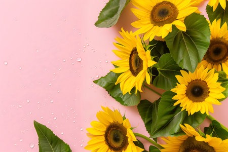 Creative floral concept. Sunny big sunshine yellow sunflower sunflowers with leaf leaves on pastel pink background with rain droplet. Mock up presentation. copy text space. top vieの写真素材