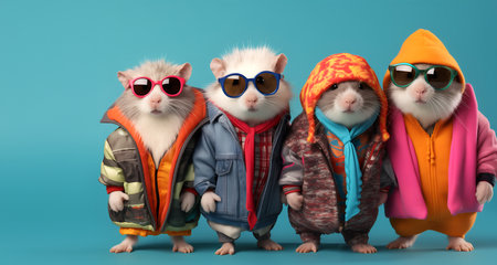 Creative animal concept. Group of hamster in funky Wacky wild mismatch colourful outfits isolated on bright background advertisement, copy space. birthday party invite invitation bの素材