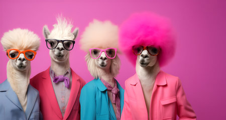 Creative animal concept. Group of alpaca in funky Wacky wild mismatch colourful outfits isolated on bright background advertisement, copy space. birthday party invite invitation baの素材